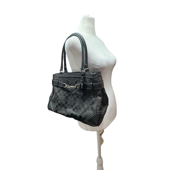 Coach Hampton Signature Black Jacquard Leather Trim Satchel Tote Bag Purse Y2K - Picture 4 of 13